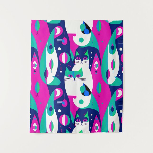  Mid-Century Modern Cats on a Dark Blue Background Tapestry (Front)