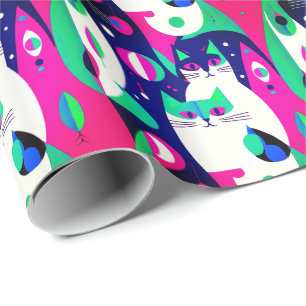  Mid-Century Modern Cats on a Dark Blue Background Wrapping Paper