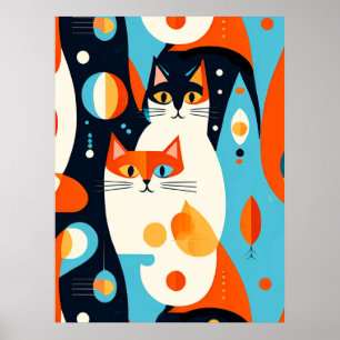 Mid-Century Modern Cats on an Abstract Background Poster