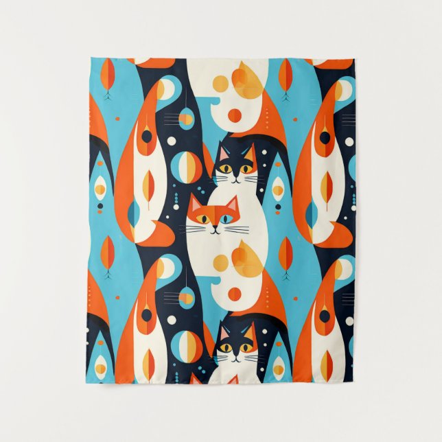  Mid-Century Modern Cats on an Abstract Background Tapestry (Front)