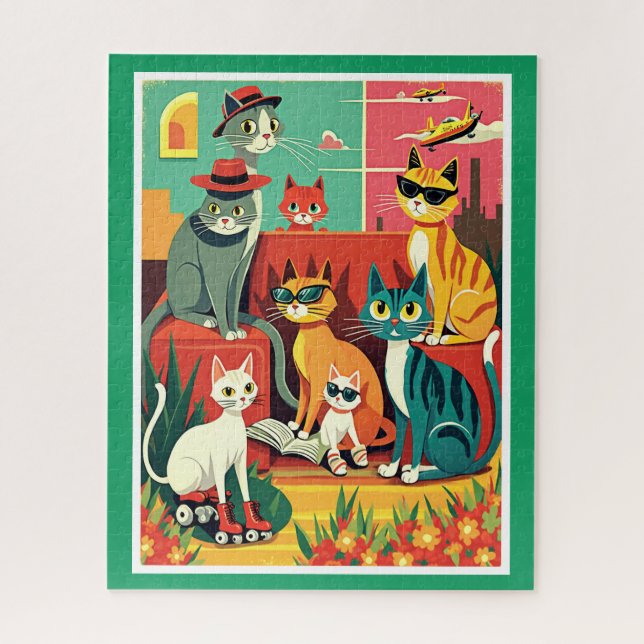 Mid Century Modern Cats on Vacation Jigsaw Puzzle (Vertical)