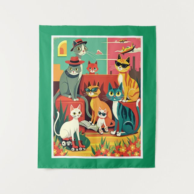 Mid Century Modern Cats on Vacation Tapestry (Front)