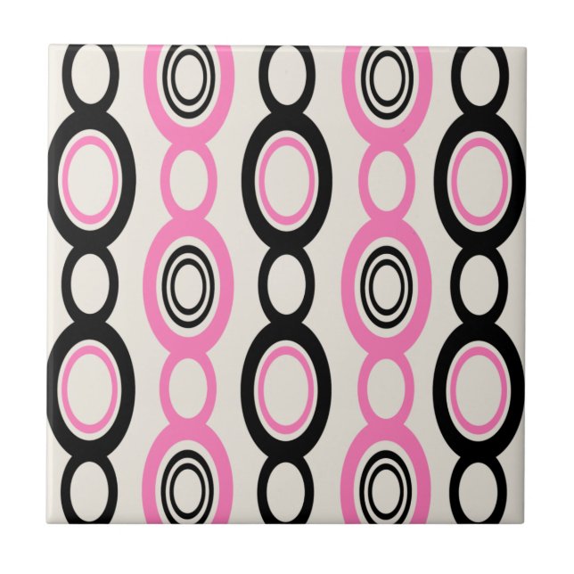 Mid Century Modern Chain Links Black Pink Ceramic Tile (Front)