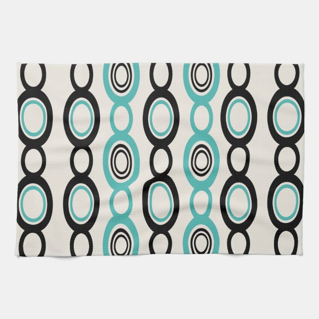 Mid Century Modern Chain Links Black Turquoise Tea Towel (Horizontal)