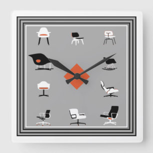 Mid Century Modern Chairs Retro Colours Square Wall Clock