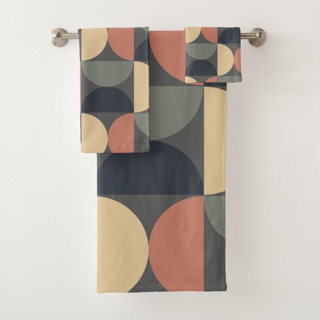 Mid Century Modern Charcoal Salmon    Bath Towel Set (Insitu)