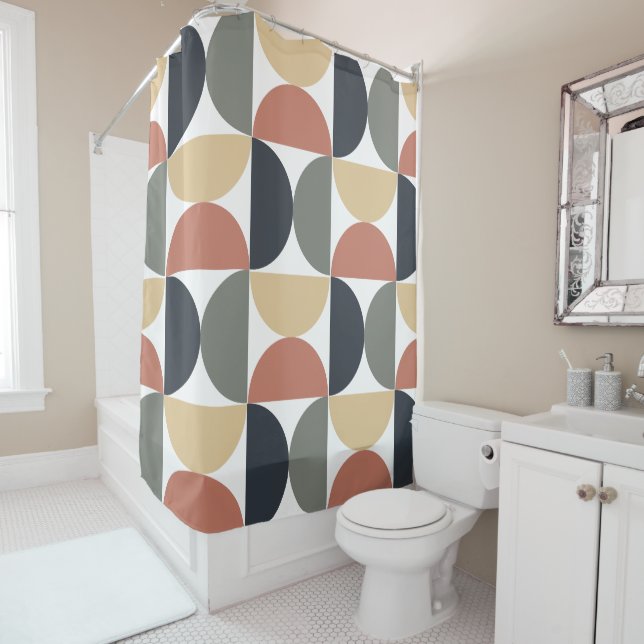 Mid Century Modern Charcoal Salmon  Shower Curtain (In Situ)