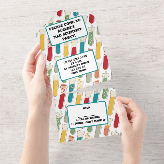 Mid Century Modern Chemistry Test Tube Stripe All In One Invitation (Tearaway)