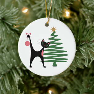 Mid-century Modern Christmas 1950's Atomic Cat Ceramic Ornament