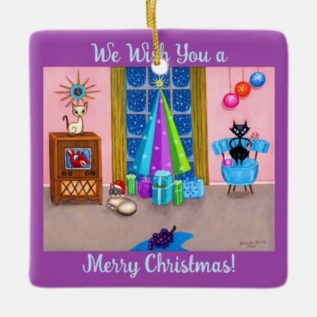 Mid-Century Modern Christmas Atomic Age Cats TV  Ceramic Ornament (Front)