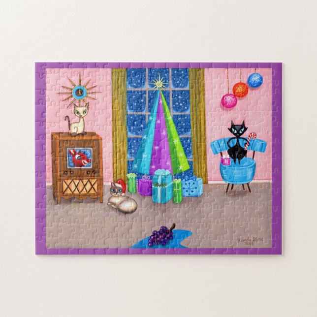 Mid-Century Modern Christmas Atomic Age Cats TV Jigsaw Puzzle (Horizontal)
