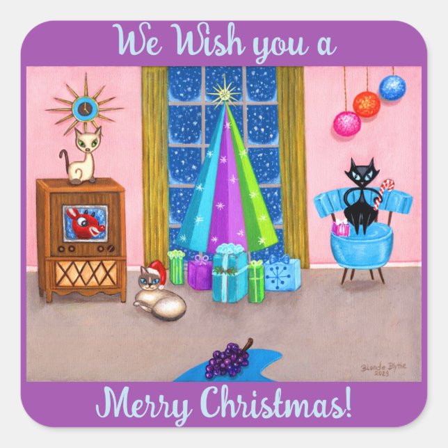 Mid-Century Modern Christmas Atomic Age Cats TV Square Sticker (Front)