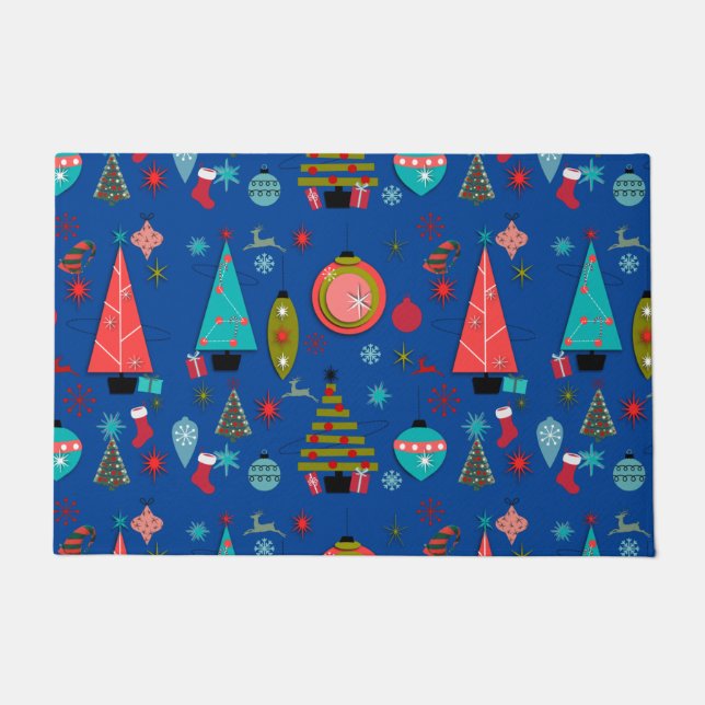 Mid-Century Modern Christmas Blue Doormat (Front)