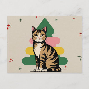 Mid Century Modern Christmas Cat with Pastel Tree Holiday Postcard