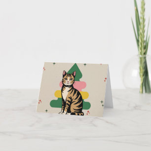 Mid Century Modern Christmas Cat with Pastel Tree Thank You Card