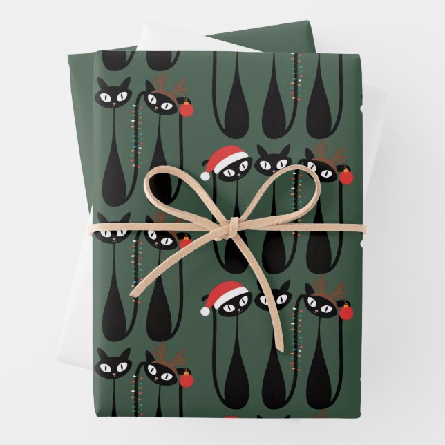 Mid Century Modern Christmas Cats Retro Classic Wrapping Paper Sheet (In situ)