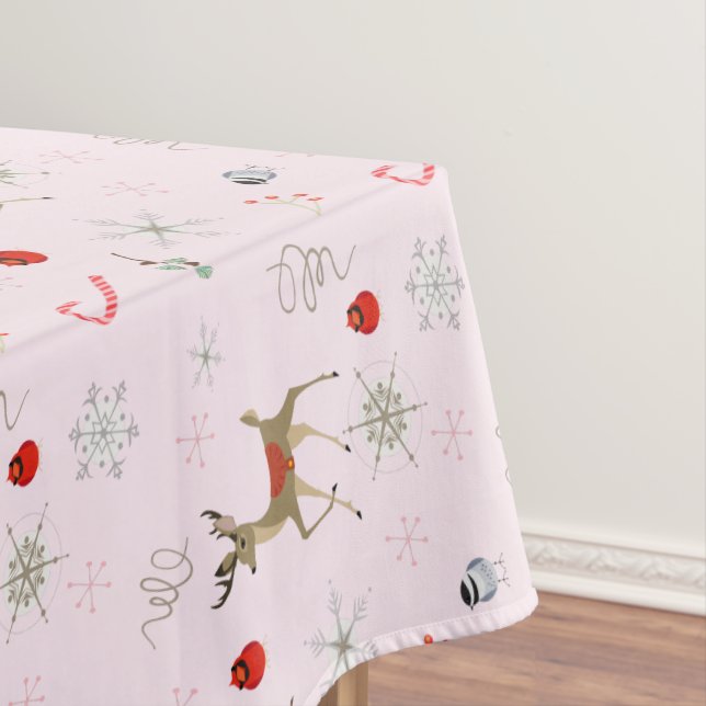 Mid Century Modern Christmas Reindeer Candy Canes Tablecloth (In Situ)
