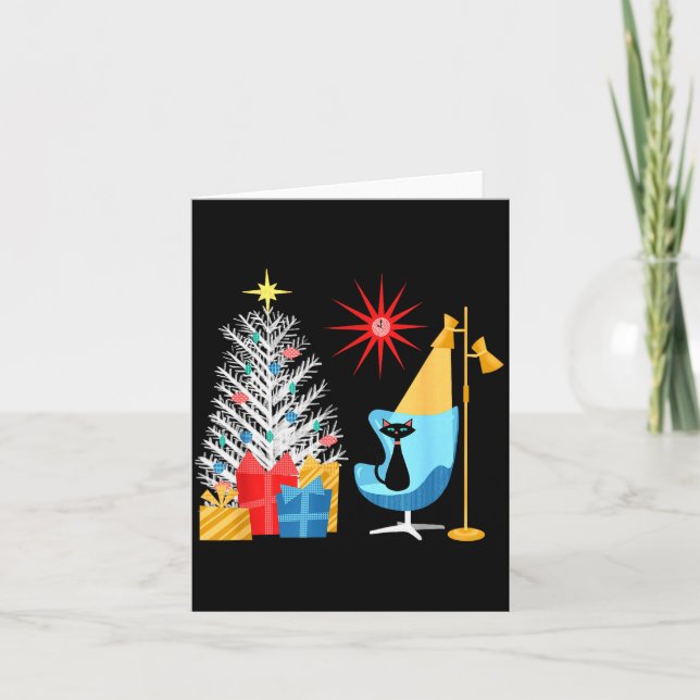 Mid-century Modern Christmas Tree And Cat In Retro Card (Front)