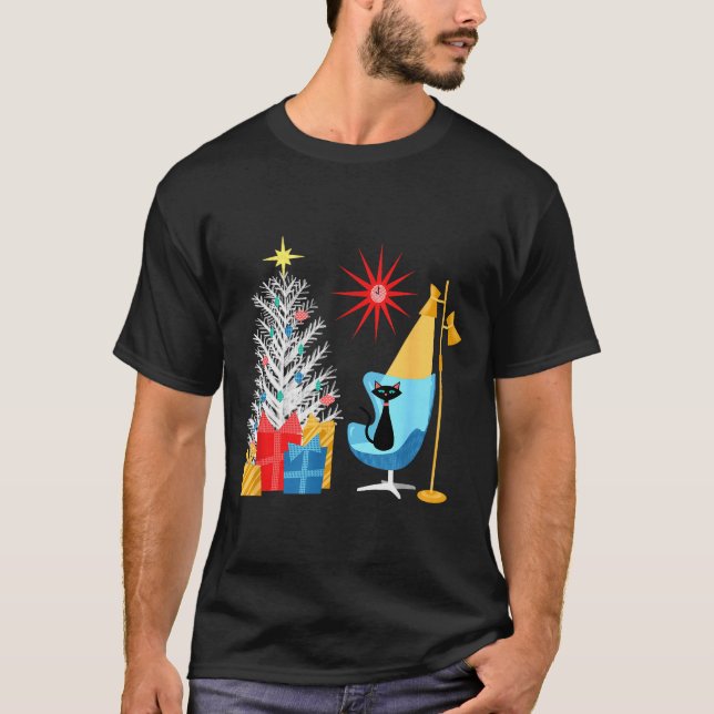 Mid-century Modern Christmas Tree And Cat In Retro T-Shirt (Front)