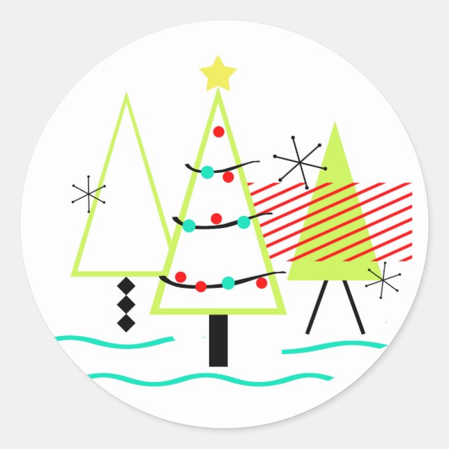 mid century modern christmas trees retro classic round sticker (Front)