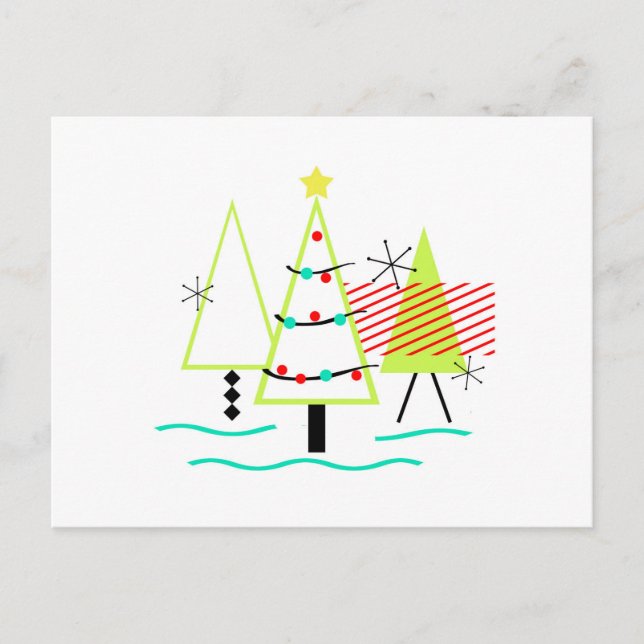 mid century modern christmas trees retro holiday postcard (Front)