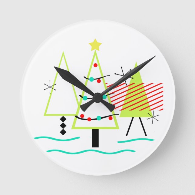 mid century modern christmas trees retro round clock (Front)