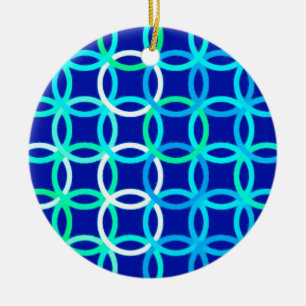 Mid-Century Modern circles, cobalt & peacock Ceramic Ornament