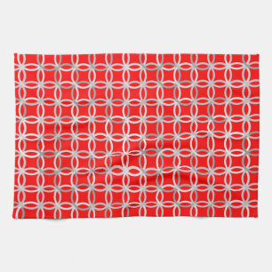 Mid-Century Modern circles, deep red and grey Tea Towel