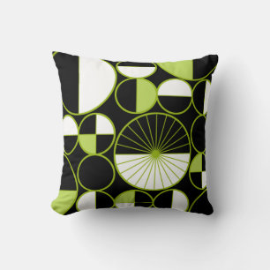 Mid Century Modern Circles Halves Black Chartreuse Cushion
