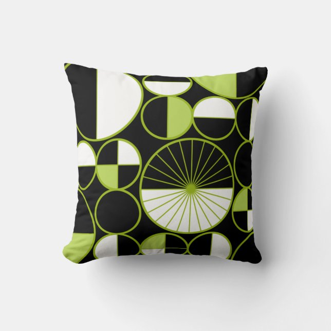 Mid Century Modern Circles Halves Black Chartreuse Cushion (Front)