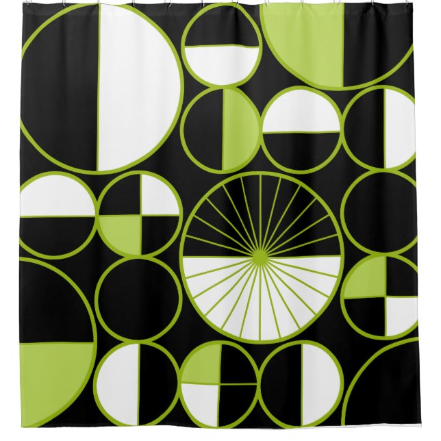 Mid Century Modern Circles Halves Black Chartreuse Shower Curtain (Front)