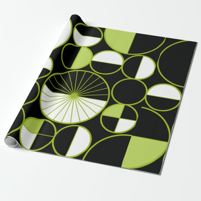 Mid Century Modern Circles Halves Black Chartreuse Wrapping Paper (Unrolled)