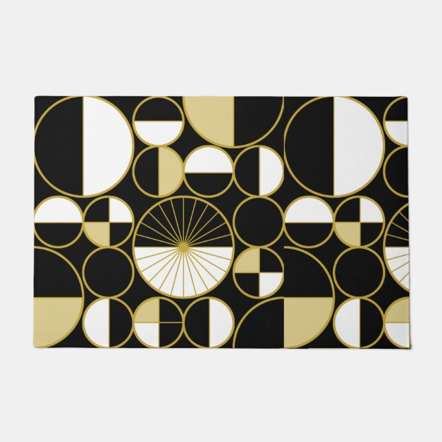 Mid Century Modern Circles Halves Black Gold Doormat (Front)