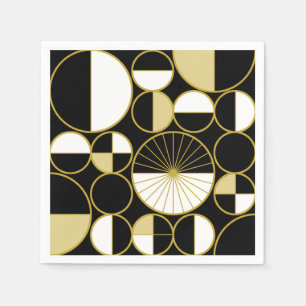 Mid Century Modern Circles Halves Black Gold Napkin