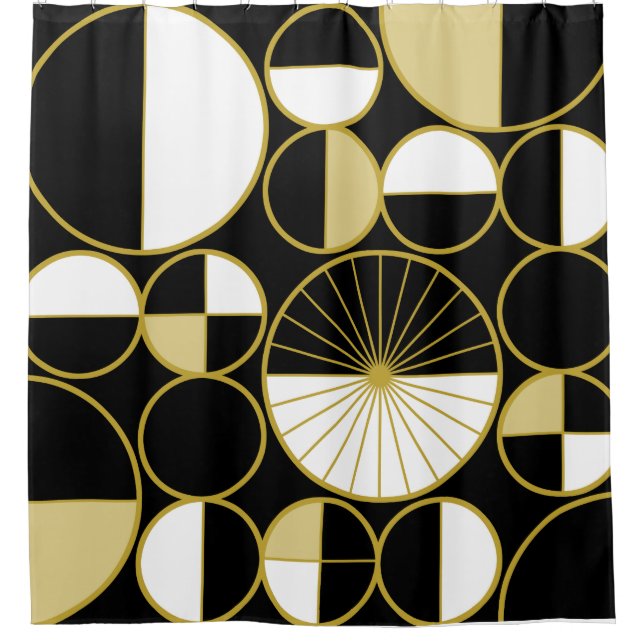 Mid Century Modern Circles Halves Black Gold Shower Curtain (Front)