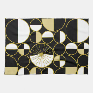 Mid Century Modern Circles Halves Black Gold Tea Towel
