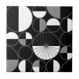 Mid Century Modern Circles Halves Black Grey Ceramic Tile