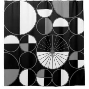 Mid Century Modern Circles Halves Black Grey Shower Curtain