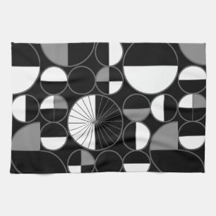 Mid Century Modern Circles Halves Black Grey Tea Towel