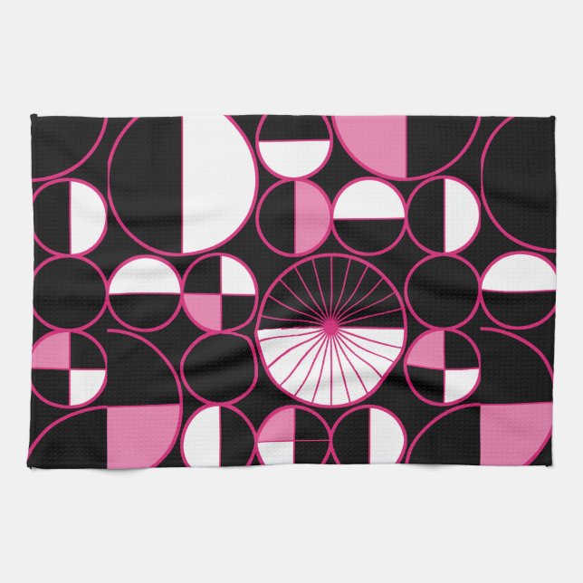Mid Century Modern Circles Halves Black Pink Tea Towel (Horizontal)