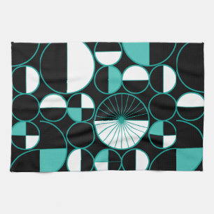 Mid Century Modern Circles Halves Turquoise Tea Towel