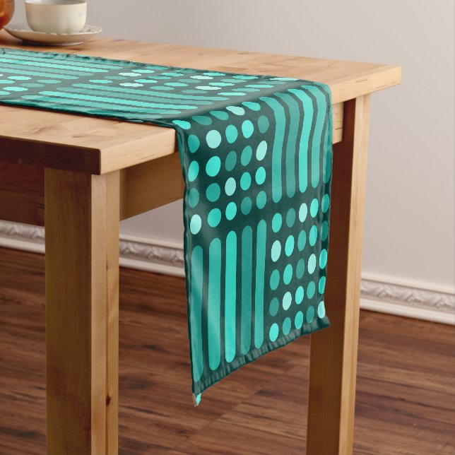 Mid Century Modern Circles Lines Teal Short Table Runner (In Situ)