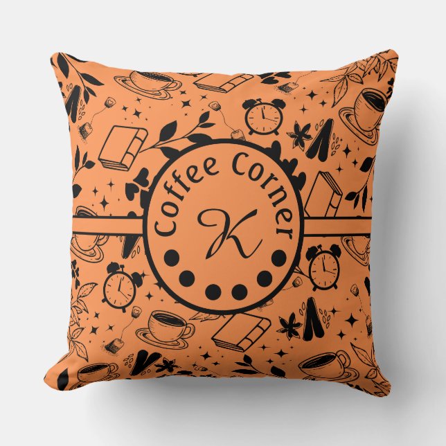 mid century modern coffee lover bookworm orange cushion (Front)