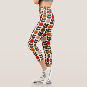 Mid-Century Modern Colored Retro Groovy Flowers Capri Leggings