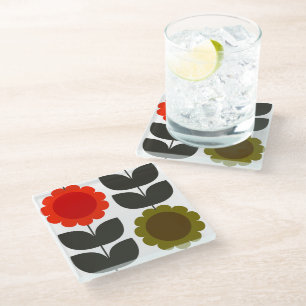  Mid-Century Modern Colored Retro Groovy Flowers  Glass Coaster