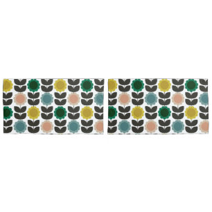  Mid-Century Modern Colored Retro Groovy Flowers  Pillowcase