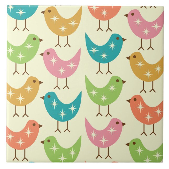 Mid Century Modern Colorful Atomic Birds Pattern  Ceramic Tile (Front)