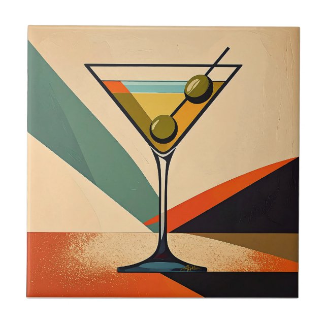 Mid Century Modern Colour Block Martini Art Ceramic Tile (Front)