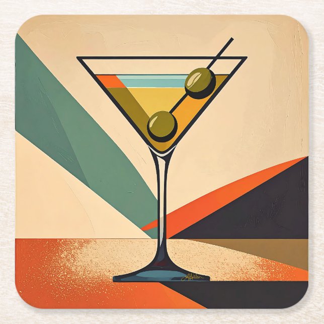 Mid Century Modern Colour Block Martini Art Square Paper Coaster (Front)