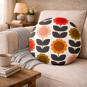  Mid-Century Modern Coloured Retro Groovy Flowers  Round Cushion